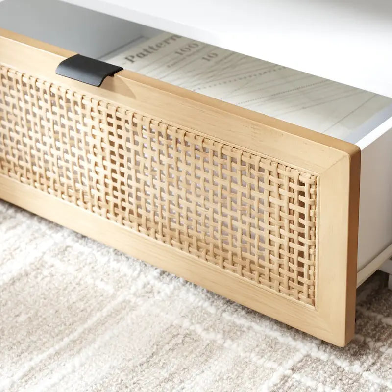 Meuble TV 2 tiroirs 1 étagère, Blanc/Noir/Naturel, Pour TV 55", 1 personne