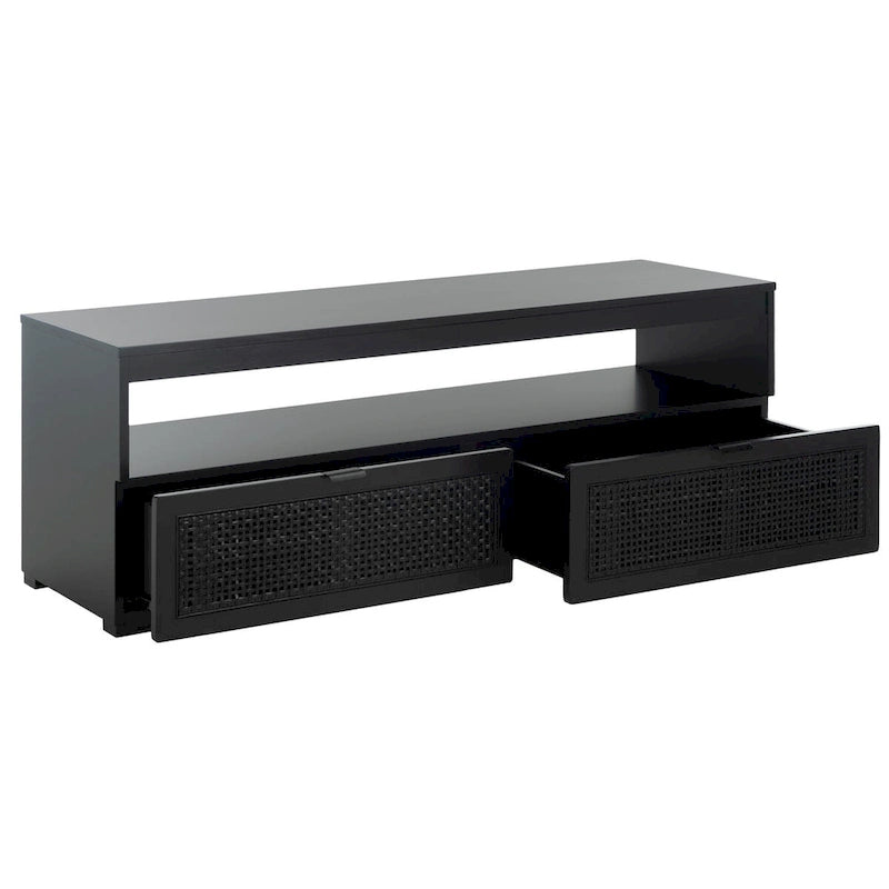 Meuble TV 2 tiroirs 1 étagère, Blanc/Noir/Naturel, Pour TV 55", 1 personne