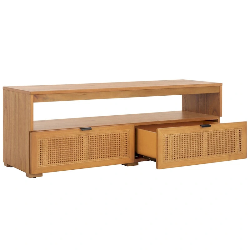 Meuble TV 2 tiroirs 1 étagère, Blanc/Noir/Naturel, Pour TV 55", 1 personne