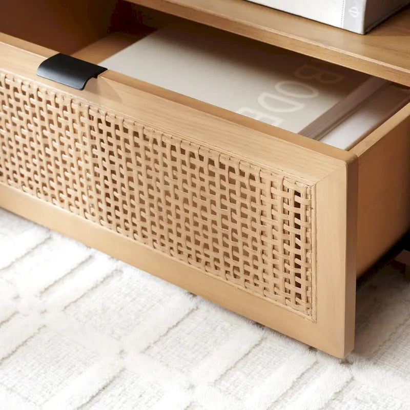 Meuble TV 2 tiroirs 1 étagère, Blanc/Noir/Naturel, Pour TV 55", 1 personne