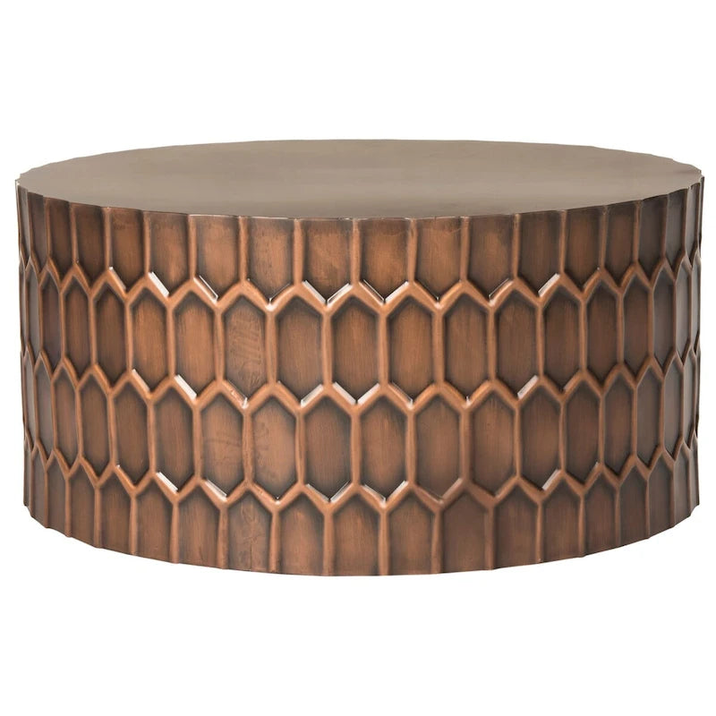 Table Basse Ronde en Cuivre Antique, Motif Nid d'Abeille, 1 Personne
