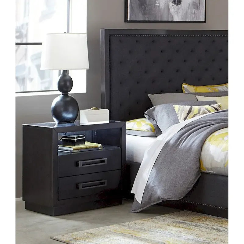 Ensemble de chambre principale 6 pièces finition anthracite Lit 2x Tables de chevet Commode Miroir Chiffonnier
