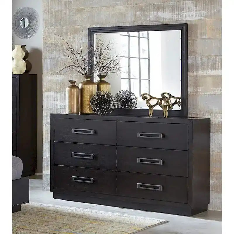 Ensemble de chambre principale 6 pièces finition anthracite Lit 2x Tables de chevet Commode Miroir Chiffonnier