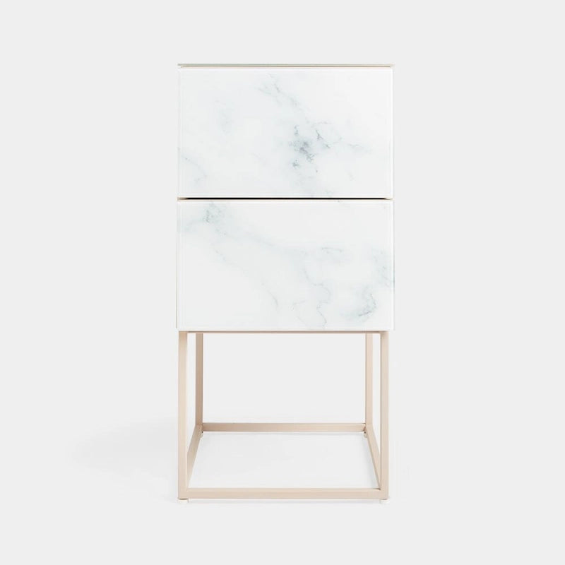 Table de chevet avec double tiroir en marbre de verre trempé pour chambre à coucher et salon