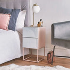 Table de chevet avec double tiroir en marbre de verre trempé pour chambre à coucher et salon