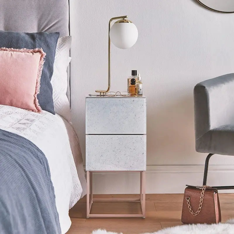 Table de chevet avec double tiroir en marbre de verre trempé pour chambre à coucher et salon