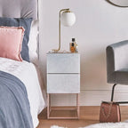 Table de chevet avec double tiroir en marbre de verre trempé pour chambre à coucher et salon