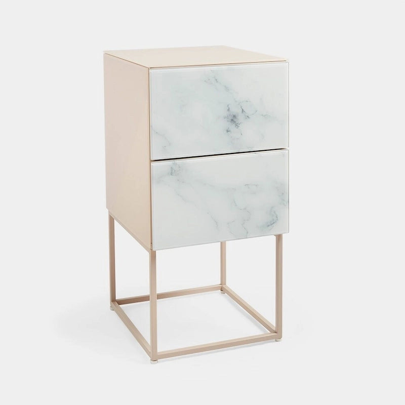 Table de chevet avec double tiroir en marbre de verre trempé pour chambre à coucher et salon