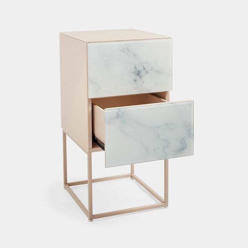 Table de chevet avec double tiroir en marbre de verre trempé pour chambre à coucher et salon