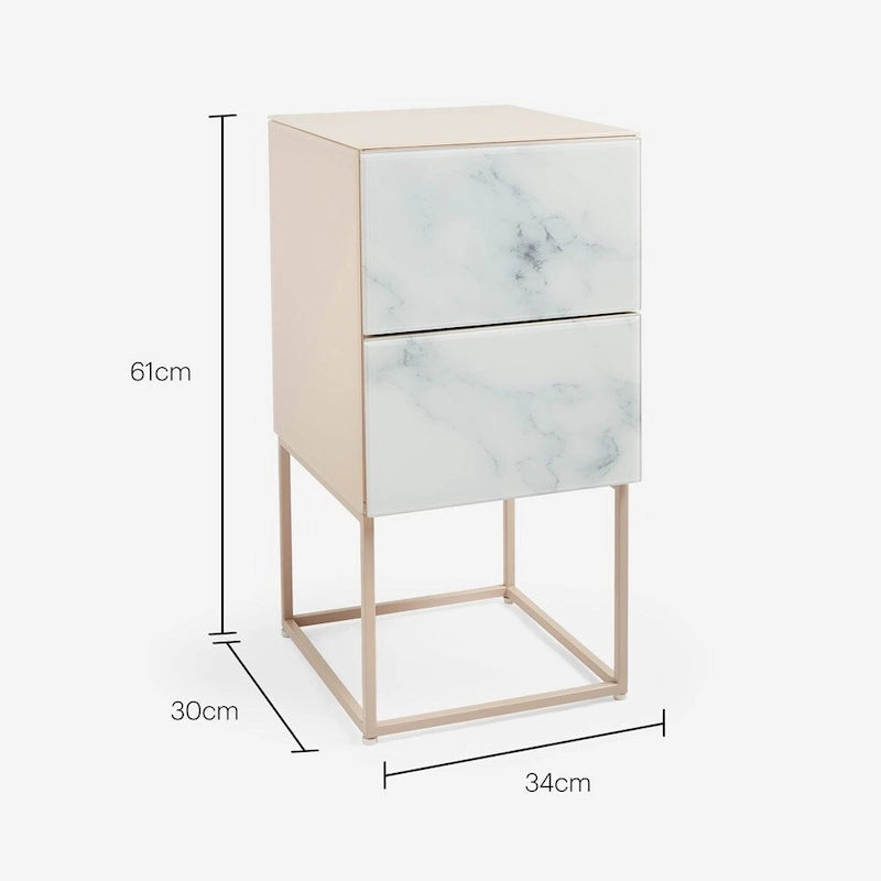 Table de chevet avec double tiroir en marbre de verre trempé pour chambre à coucher et salon