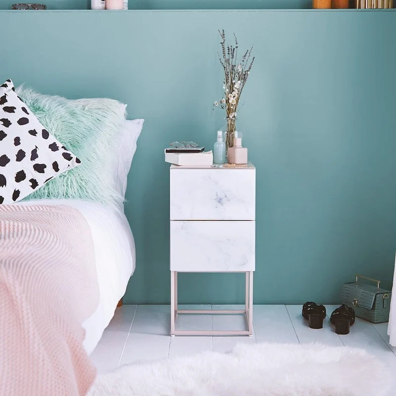 Table de chevet avec double tiroir en marbre de verre trempé pour chambre à coucher et salon