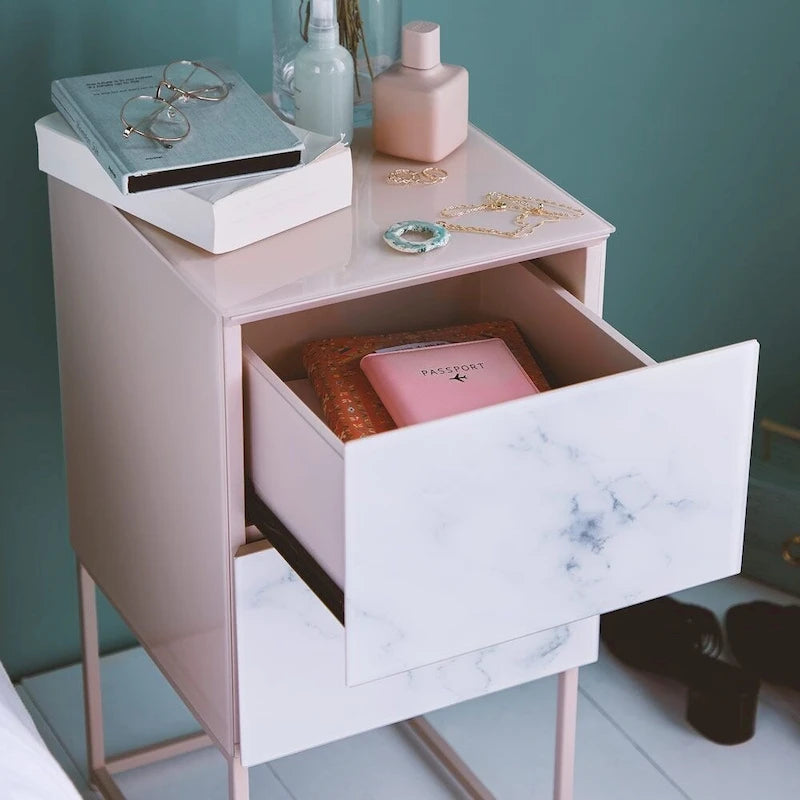 Table de chevet avec double tiroir en marbre de verre trempé pour chambre à coucher et salon