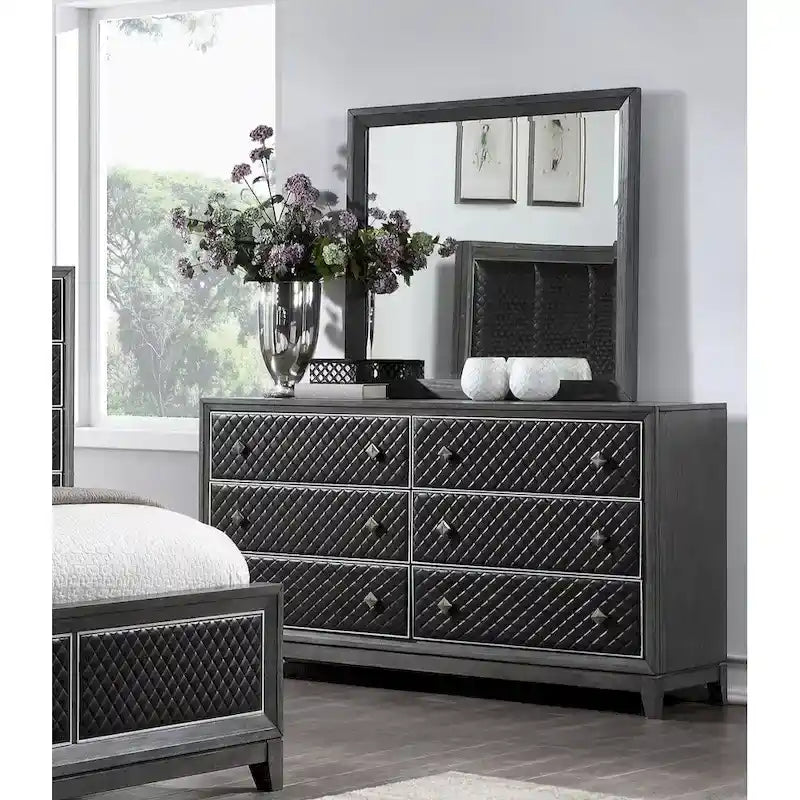 Ensemble de chambre 6 pièces en similicuir gris, très grand lit, très grand lit californien ou très grand lit américain, capacité de 6 personnes