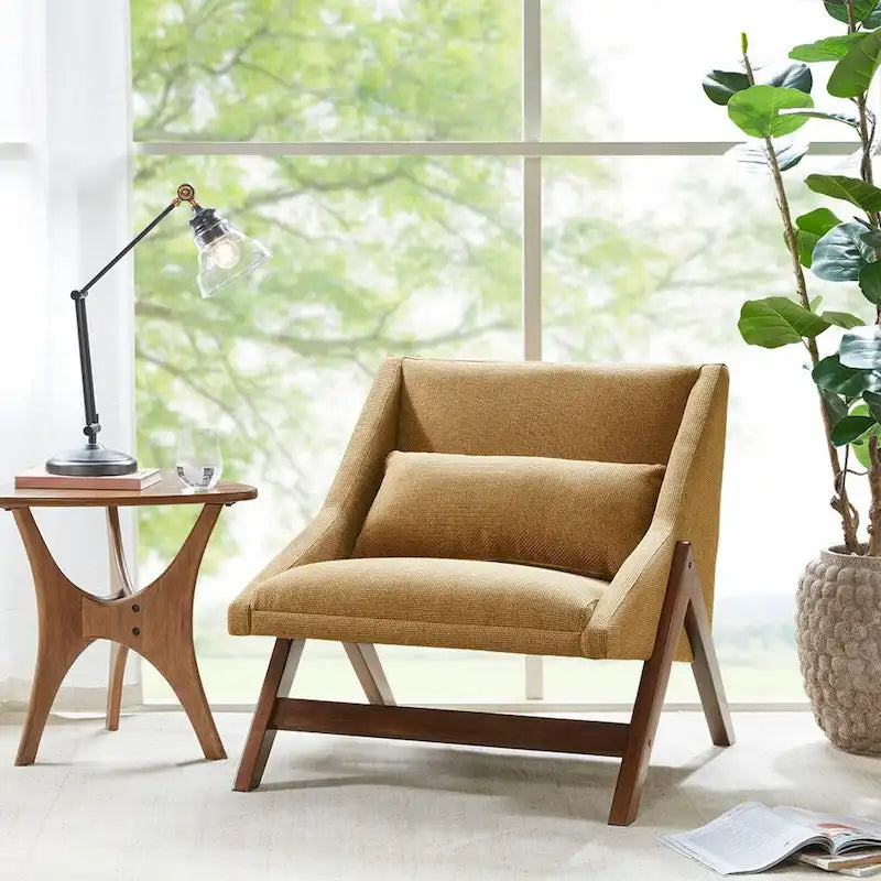 Fauteuil d'appoint boomerang 1 place, jaune moutarde/marron