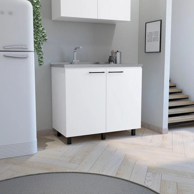 Évier utilitaire autoportant blanc/noir avec armoire — Dessus en acier inoxydable, une cuve, 1 personne