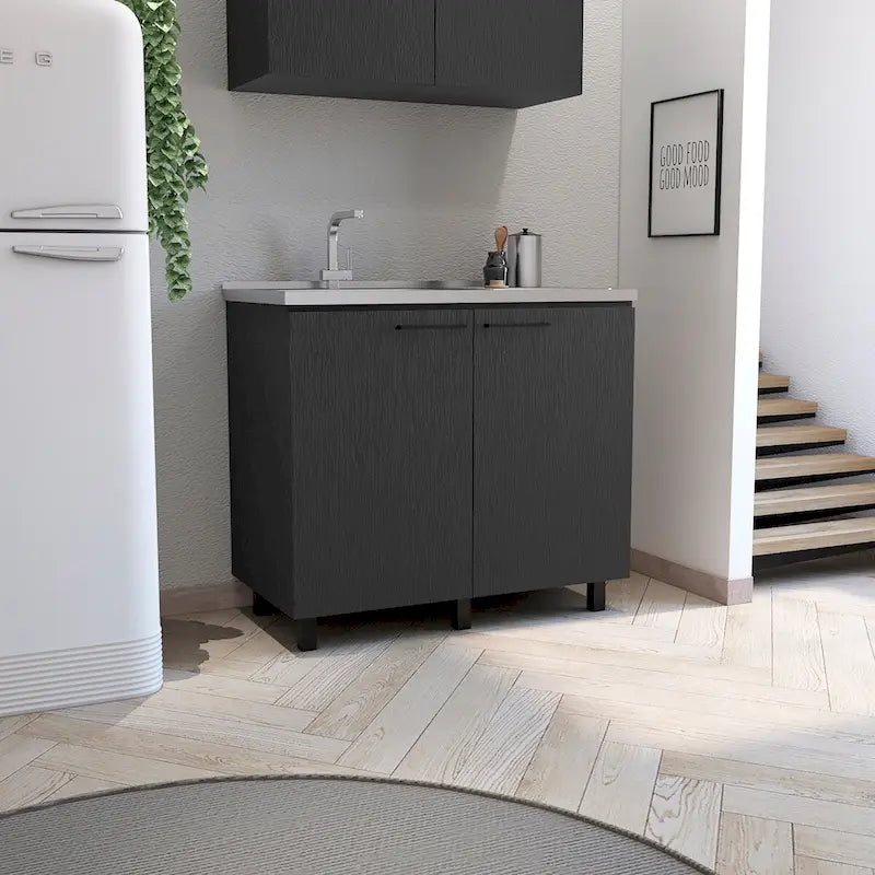Évier utilitaire autoportant blanc/noir avec armoire — Dessus en acier inoxydable, une cuve, 1 personne