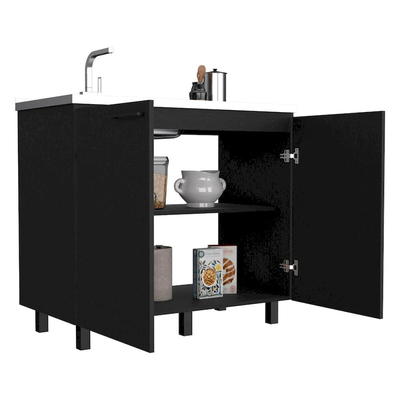 Évier utilitaire autoportant blanc/noir avec armoire — Dessus en acier inoxydable, une cuve, 1 personne