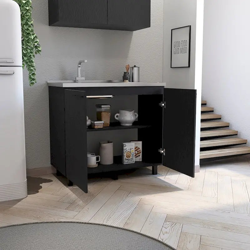 Évier utilitaire autoportant blanc/noir avec armoire — Dessus en acier inoxydable, une cuve, 1 personne