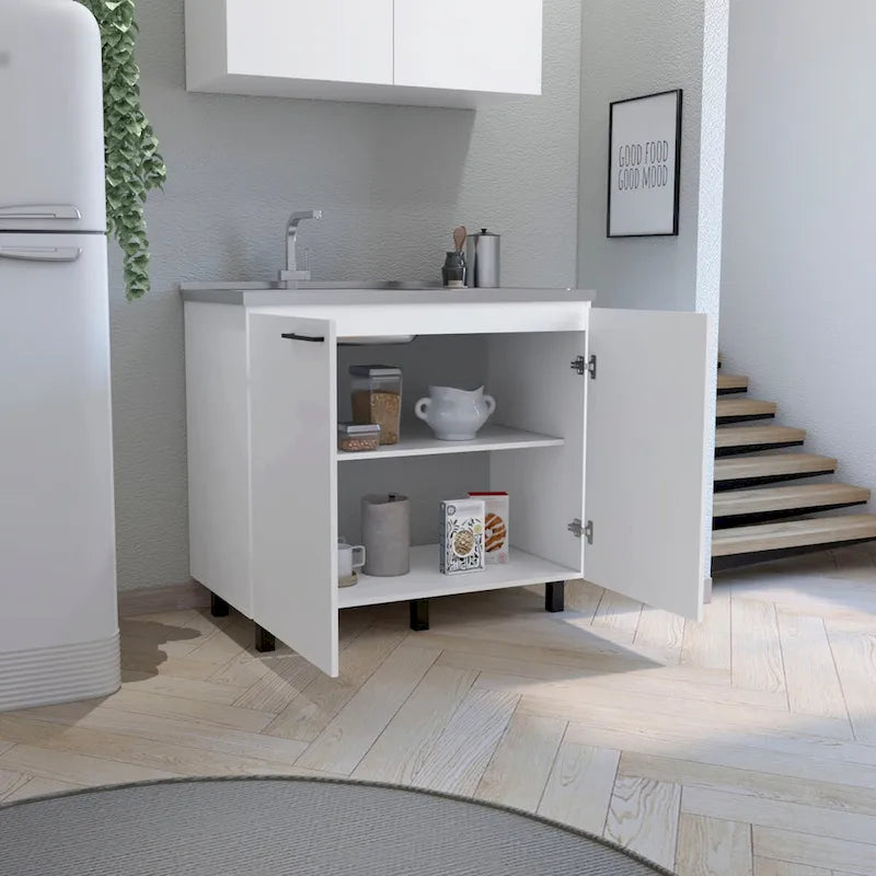 Évier utilitaire autoportant blanc/noir avec armoire — Dessus en acier inoxydable, une cuve, 1 personne