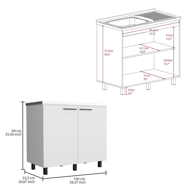 Évier utilitaire autoportant blanc/noir avec armoire — Dessus en acier inoxydable, une cuve, 1 personne
