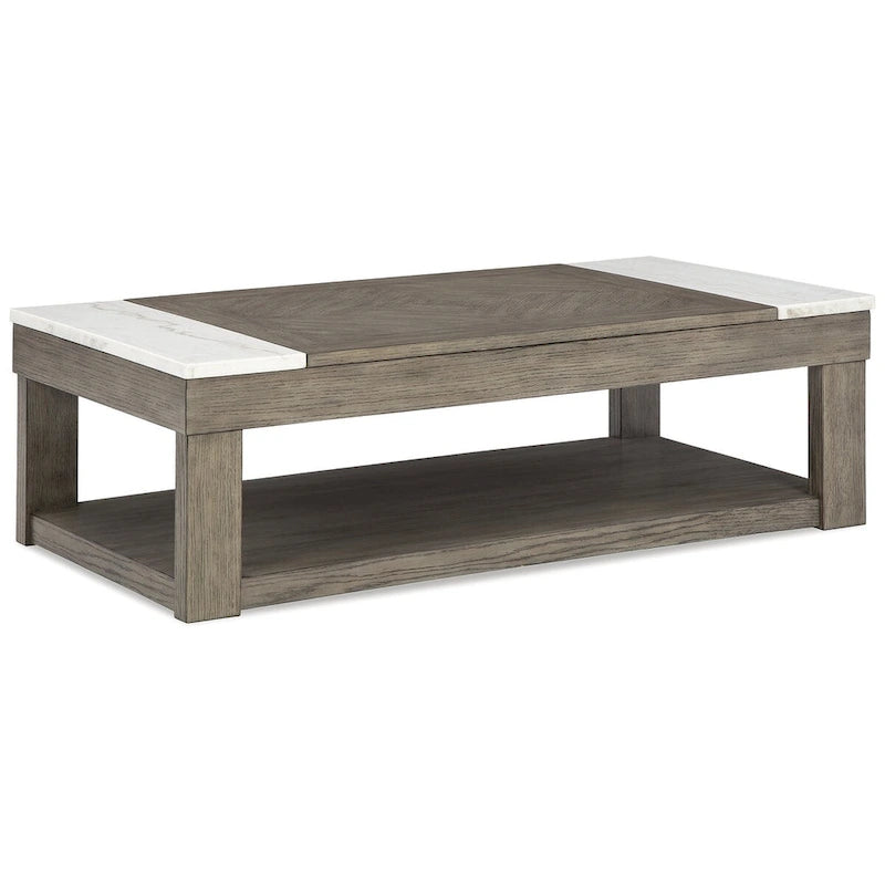 Table basse relevable en placage de marbre brun grisâtre/blanc, 2 à 4 places