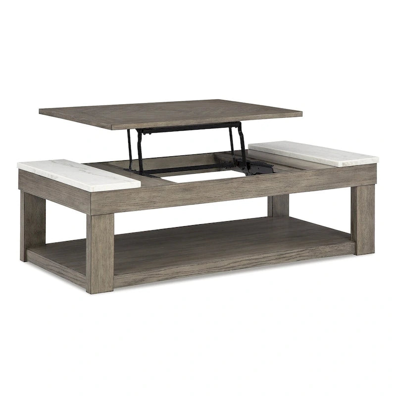 Table basse relevable en placage de marbre brun grisâtre/blanc, 2 à 4 places