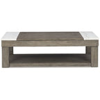 Table basse relevable en placage de marbre brun grisâtre/blanc, 2 à 4 places