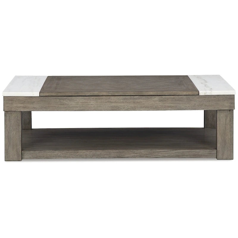 Table basse relevable en placage de marbre brun grisâtre/blanc, 2 à 4 places