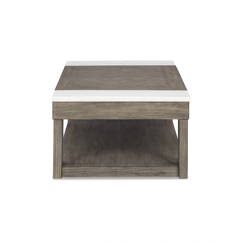 Table basse relevable en placage de marbre brun grisâtre/blanc, 2 à 4 places