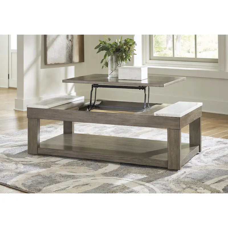 Table basse relevable en placage de marbre brun grisâtre/blanc, 2 à 4 places