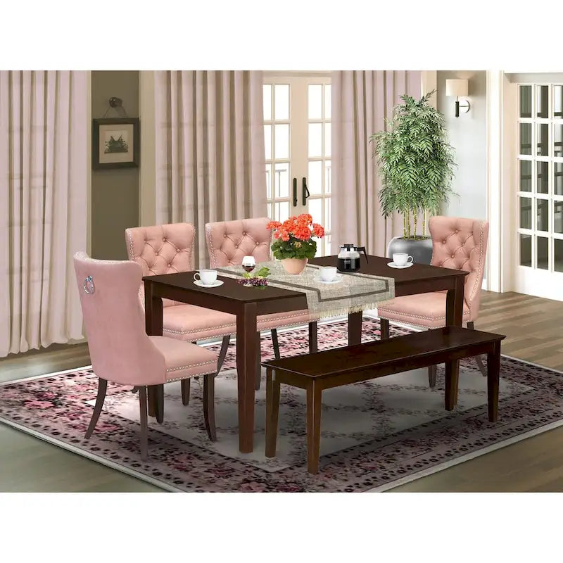 Ensemble de salle à manger East West Furniture comprenant une table de cuisine rectangulaire et des chaises rembourrées, acajou (Options de pièces)