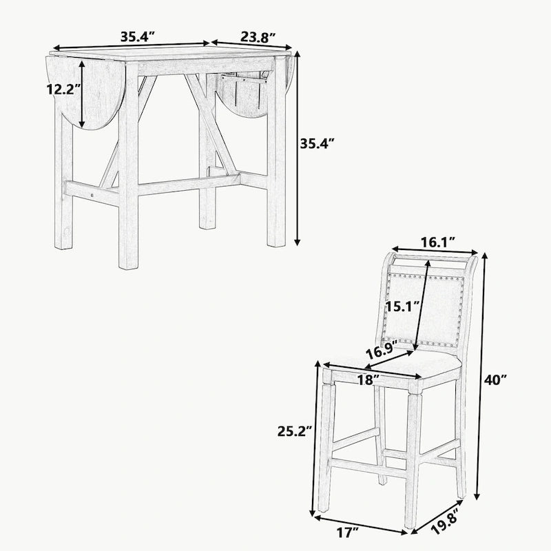 Ensemble de salle à manger 3 pièces en bois à hauteur de comptoir avec rallonge pliable
