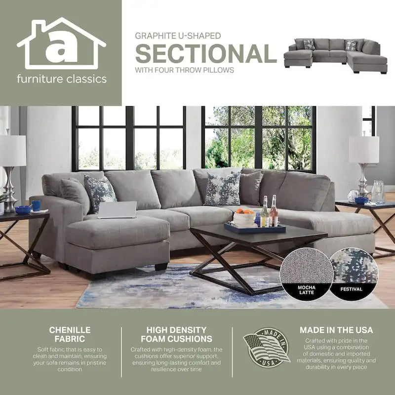 Canapé sectionnel d'angle en U gauche gris, 5 places, en chenille