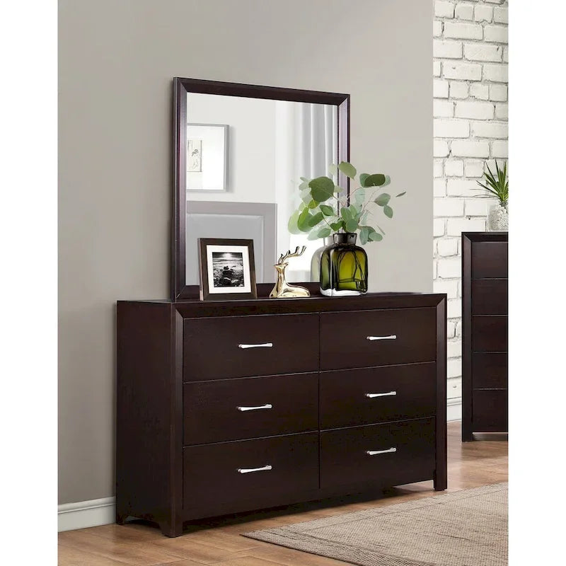 Ensemble de chambre 5 pièces Fini espresso Lit Table de chevet Commode Miroir Coffre de rangement