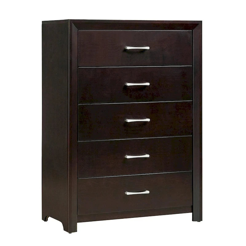 Ensemble de chambre 5 pièces Fini espresso Lit Table de chevet Commode Miroir Coffre de rangement