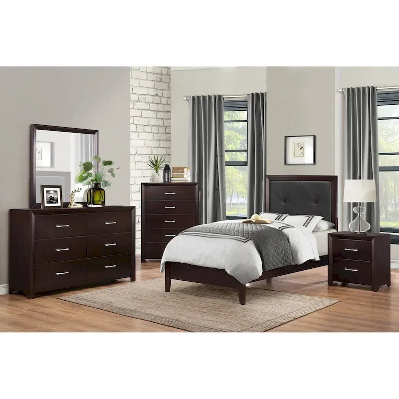 Ensemble de chambre 5 pièces Fini espresso Lit Table de chevet Commode Miroir Coffre de rangement