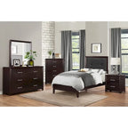 Ensemble de chambre 5 pièces Fini espresso Lit Table de chevet Commode Miroir Coffre de rangement
