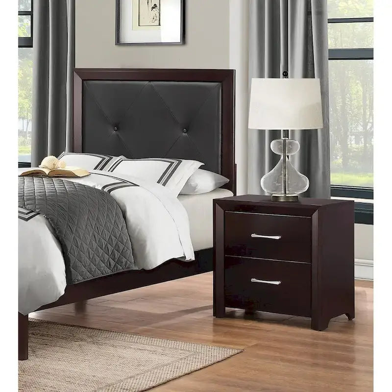 Ensemble de chambre 5 pièces Fini espresso Lit Table de chevet Commode Miroir Coffre de rangement