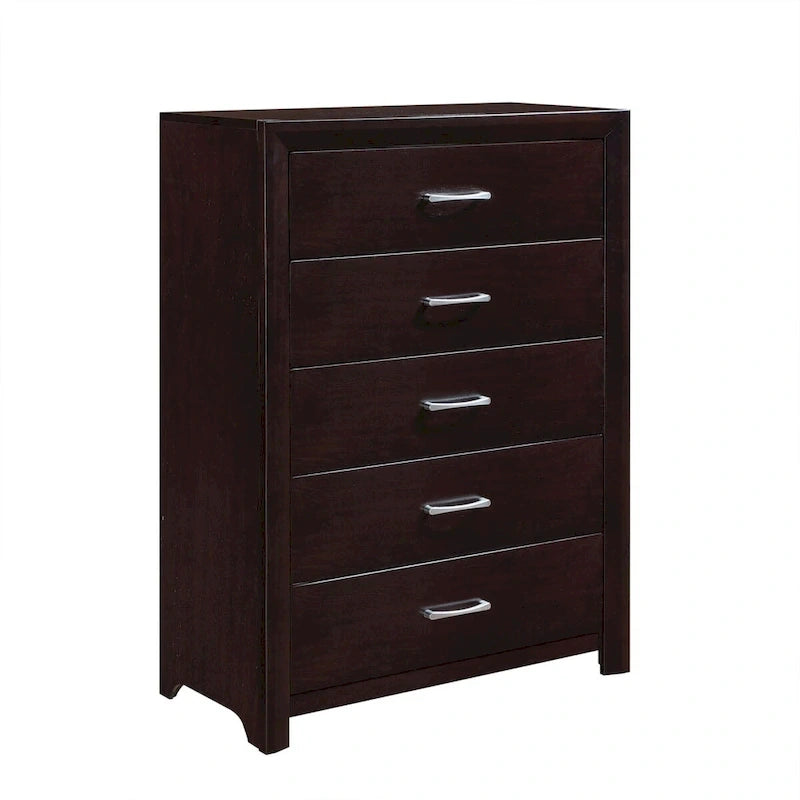 Ensemble de chambre 5 pièces Fini espresso Lit Table de chevet Commode Miroir Coffre de rangement